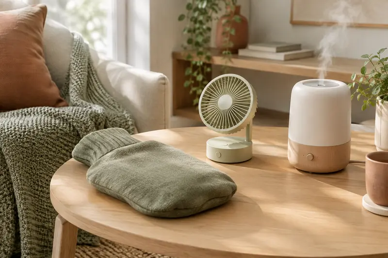 Bouillotte, ventilateur de table et humidificateur réunis dans un intérieur lumineux