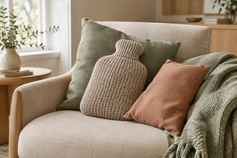 Bouillotte en maille et bouillotte sèche en tissu posées sur un fauteuil