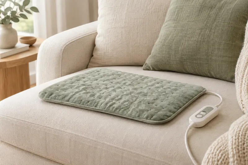 Coussin chauffant textile avec boîtier de commande sur un canapé clair