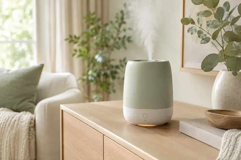 Humidificateur d’air compact diffusant une fine brume sur une console claire