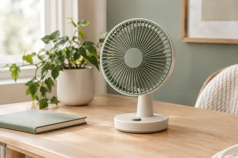 Ventilateur de table au design sobre posé sur un bureau en bois clair