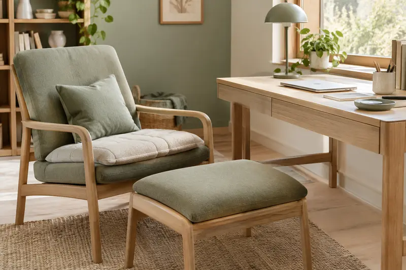 Coussin d’assise et repose-pieds installés dans un espace de travail lumineux