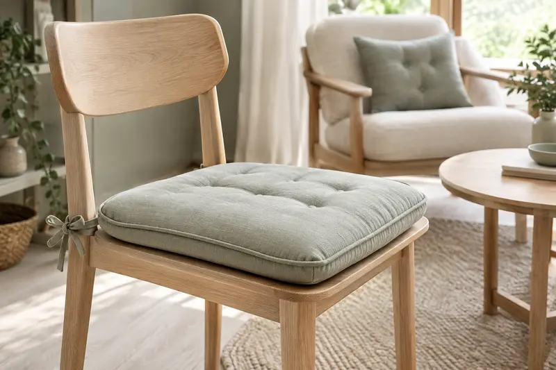 Coussins d’assise en tissu présentés sur une chaise et un fauteuil clairs