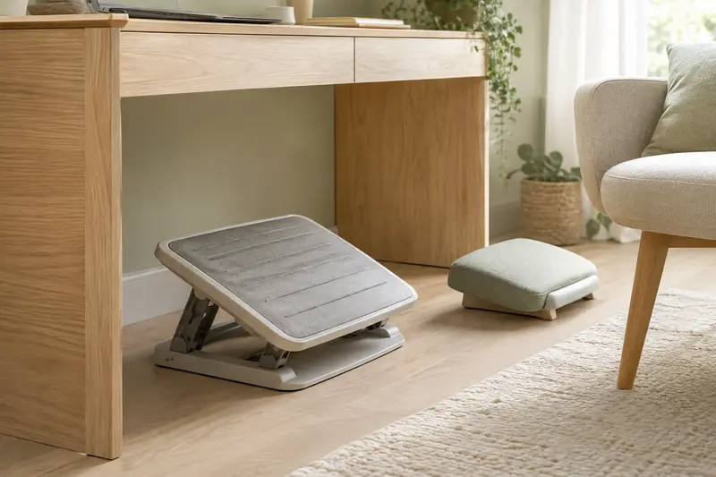 Repose-pieds réglable placé sous un bureau clair dans un intérieur épuré