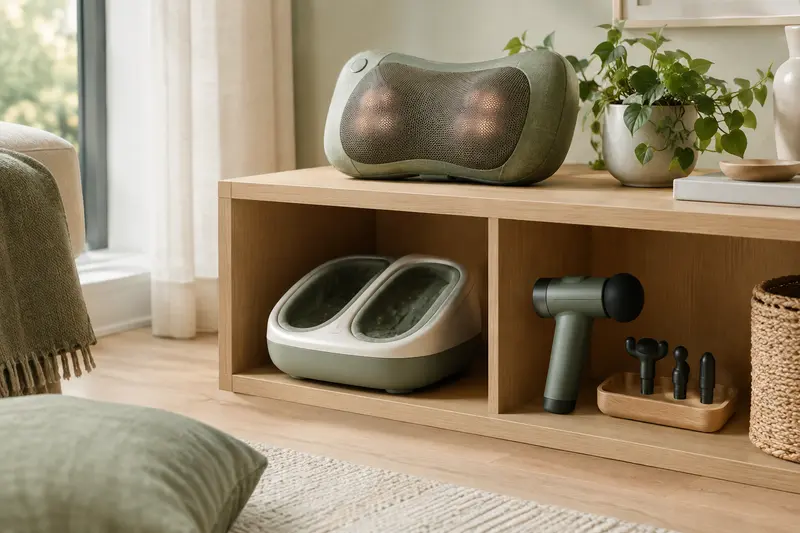 Accessoires de massage présentés dans un coin détente aux tons naturels