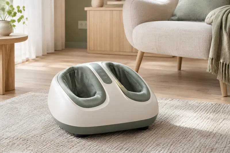 Appareil de massage des pieds avec commandes visibles dans un coin détente