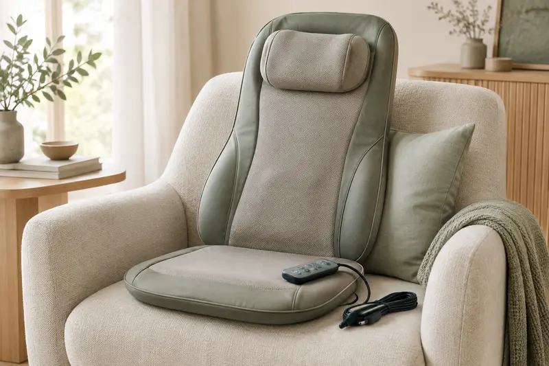 Coussin de massage électrique et télécommande sur un fauteuil en tissu clair