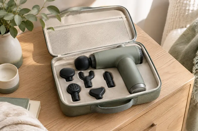 Pistolet de massage et embouts rangés dans un étui ouvert sur une console