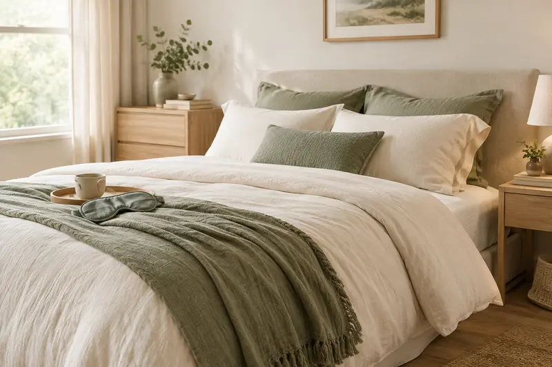 Lit clair avec oreillers moelleux, couette et accessoires de sommeil dans une chambre paisible