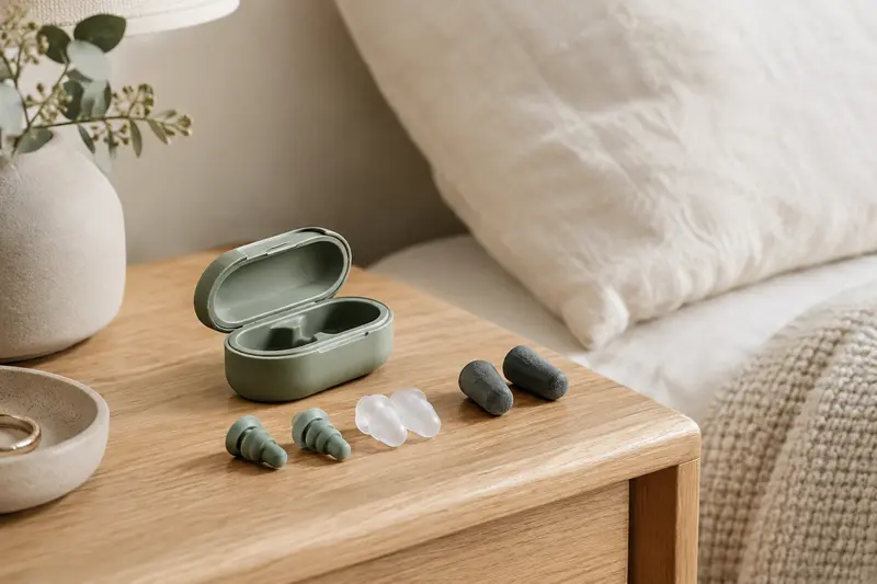 Bouchons d’oreilles réutilisables et étui posés sur une table de chevet en bois