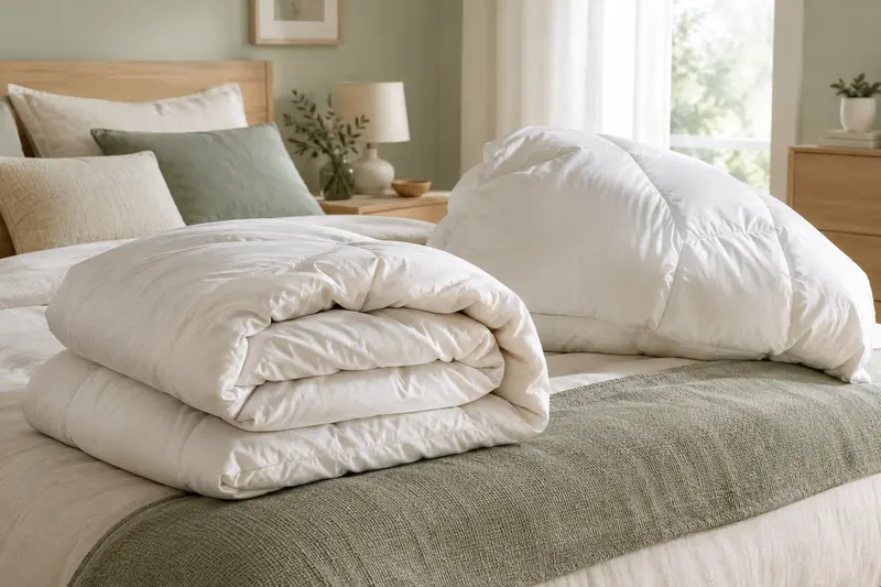 Couette moelleuse posée sur un lit clair dans une chambre aux tons naturels