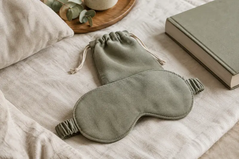 Masque de sommeil en tissu posé sur une taie claire avec sa pochette de rangement