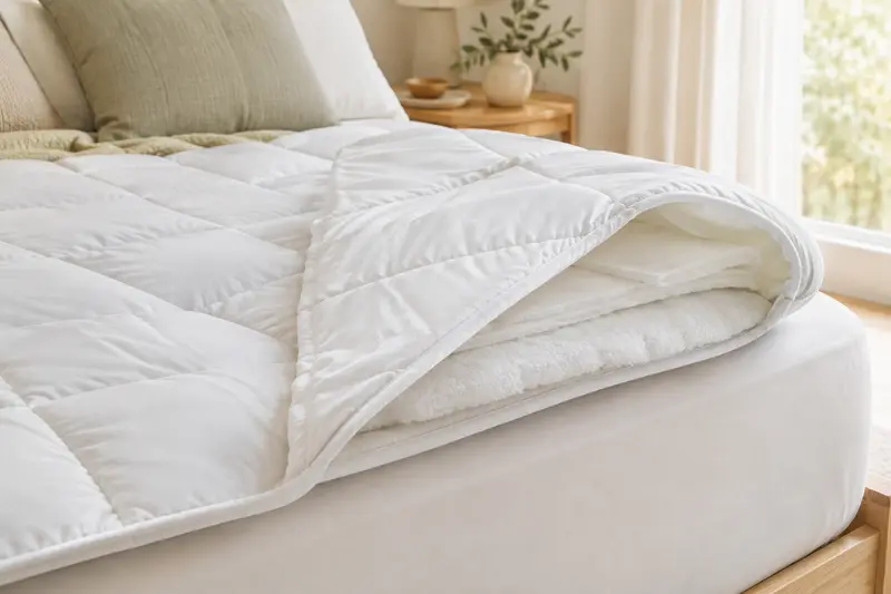 Surmatelas blanc dévoilé sur un lit clair, avec sa housse matelassée visible