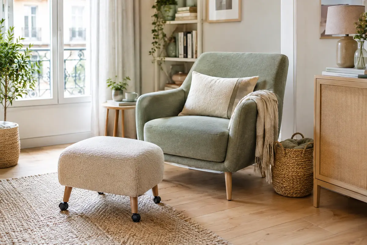 Coin détente compact dans un petit salon avec coussin d’assise, repose-pieds mobile et panier de rangement
