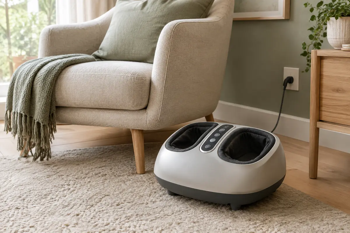 Appareil de massage des pieds posé près d’un fauteuil dans un coin détente à la maison