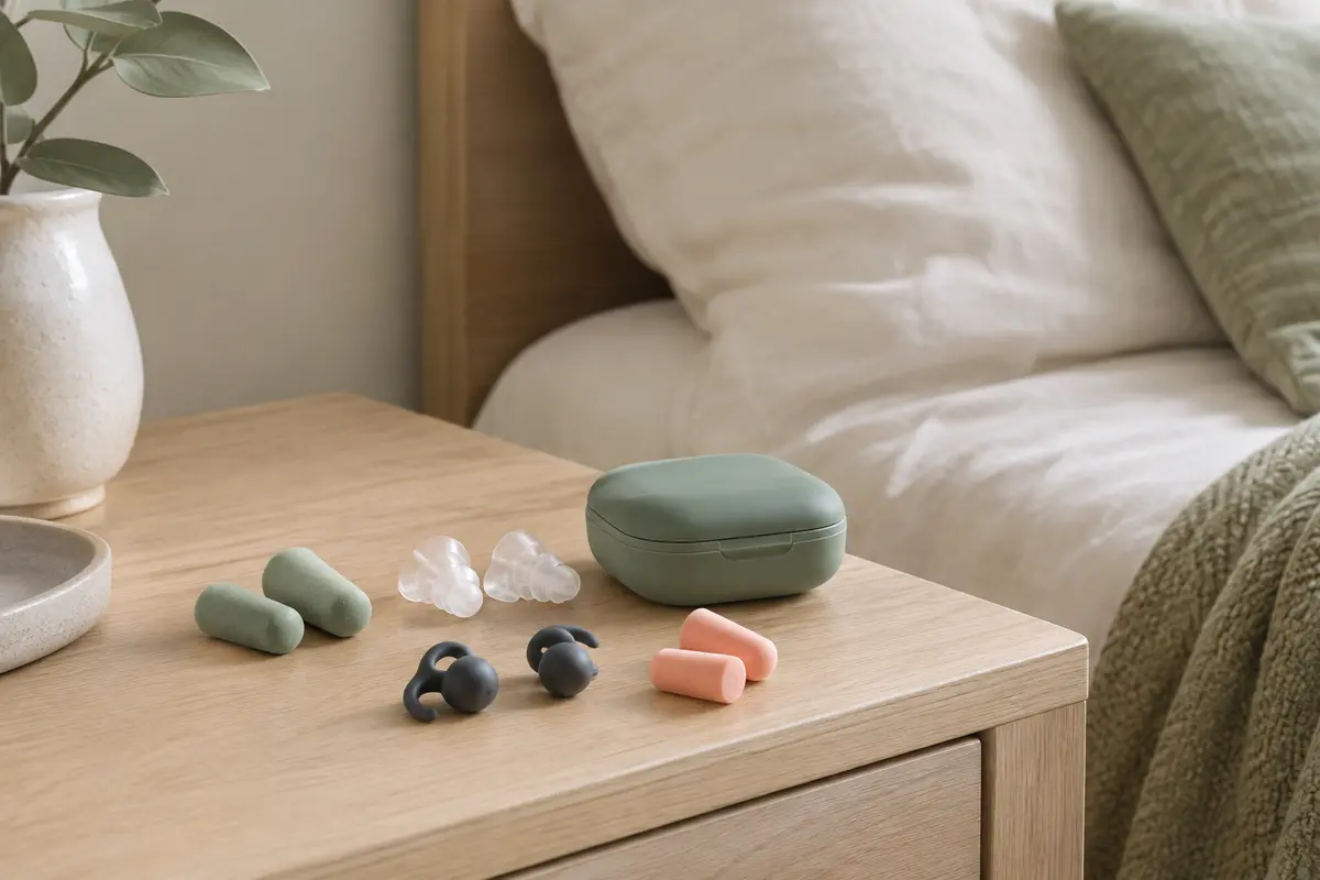 Bouchons d’oreilles de différentes formes et matières disposés près d’un étui sur une table de chevet