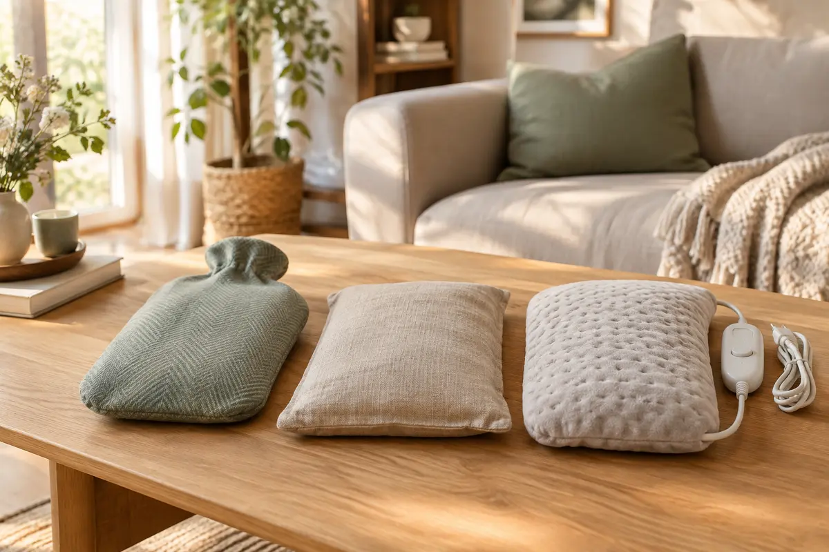 Trois bouillottes de formats différents présentées sur une table dans un intérieur chaleureux