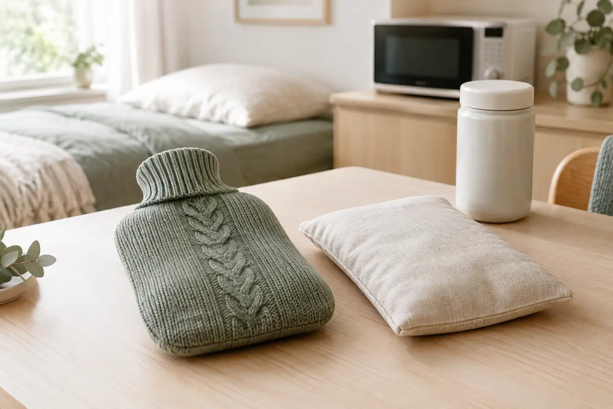 Bouillotte à eau avec housse et bouillotte sèche en tissu présentées côte à côte