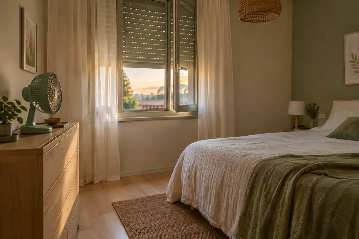 Chambre d’été avec fenêtre entrouverte, protection solaire et ventilateur de table posé sur une commode