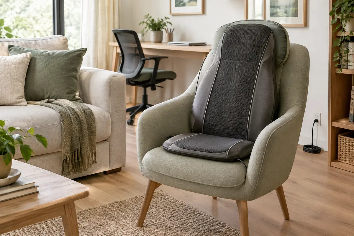 Coussin de massage posé sur un fauteuil, avec canapé et chaise de bureau en arrière-plan