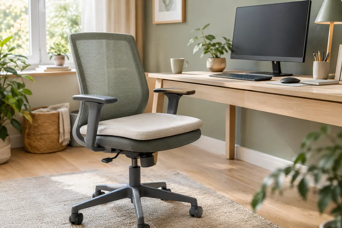 Coussin d’assise en tissu posé sur une chaise de bureau dans un espace de télétravail.