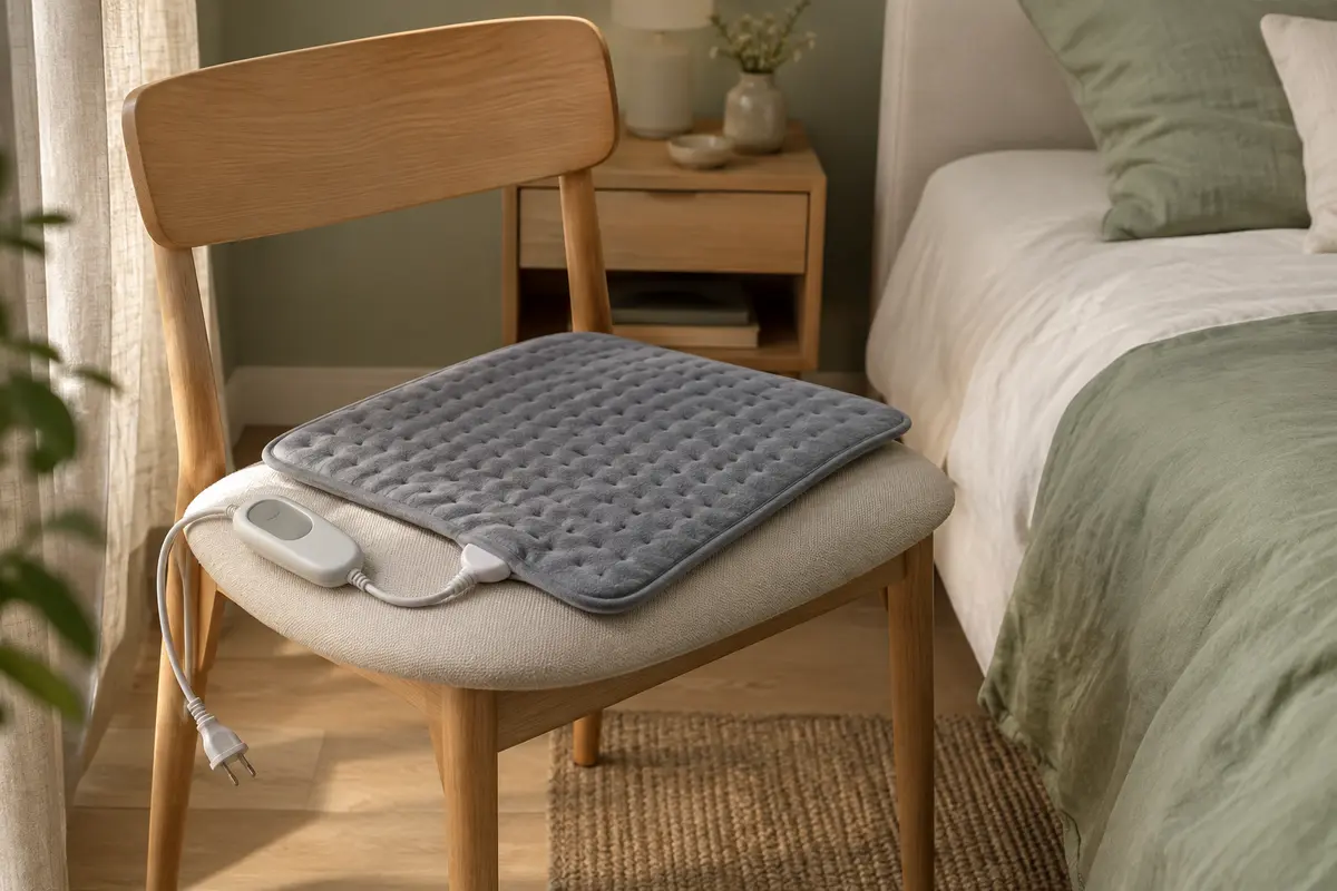 Coussin chauffant électrique débranché et posé près d’un lit dans une chambre calme