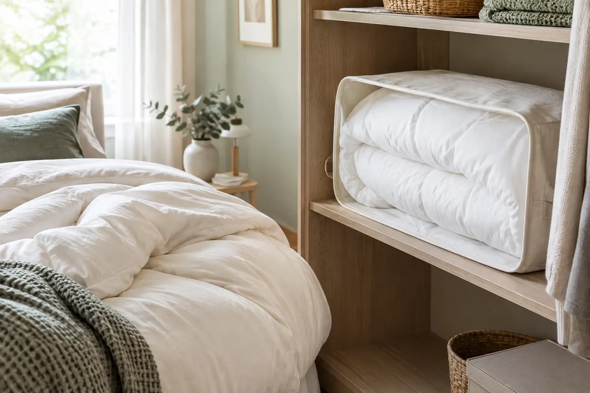Couette pliée dans une housse en coton respirante, rangée dans une armoire sèche entre deux saisons.