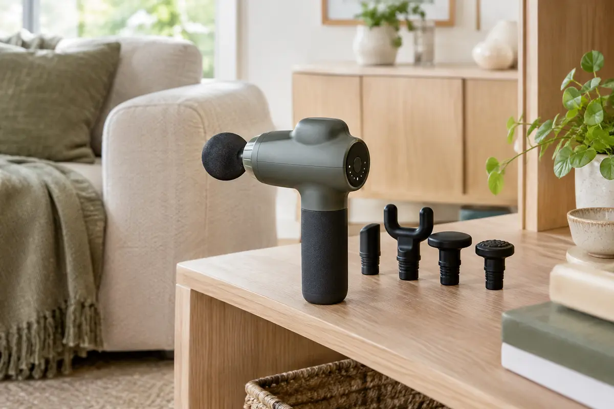 Pistolet de massage compact posé près de ses accessoires sur une étagère, dans un intérieur lumineux.