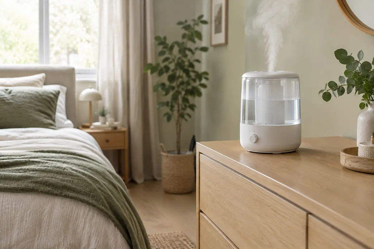 Humidificateur d’air posé sur une commode dans une chambre lumineuse, à distance du mur et du lit.