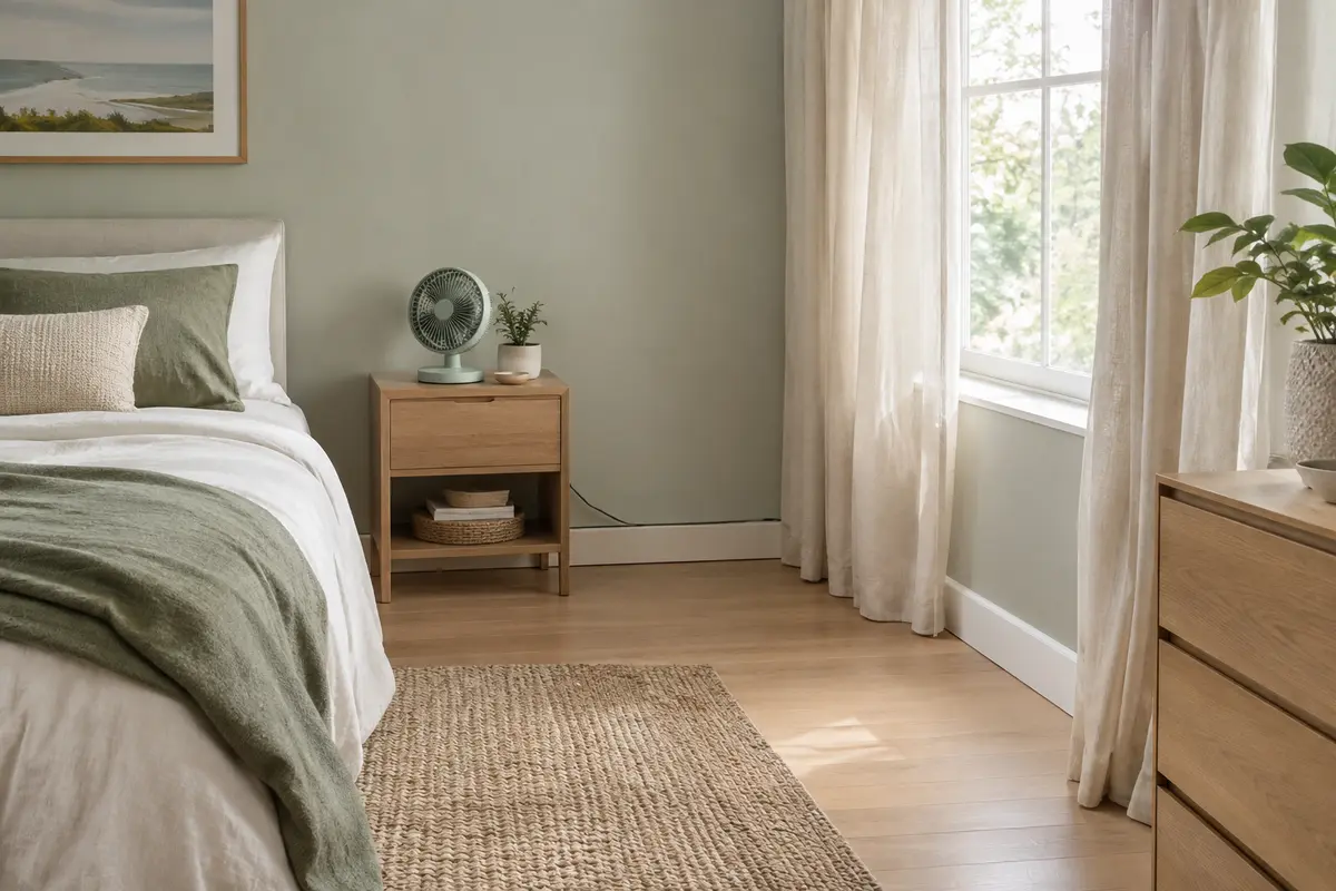 Ventilateur de table posé sur une surface stable près d’un lit, avec le câble rangé hors du passage.