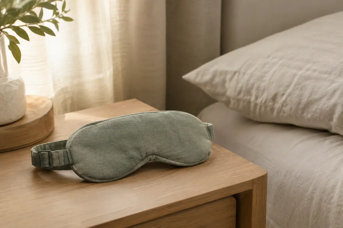 Masque de sommeil en tissu posé sur une table de chevet près d’un oreiller et d’un rideau fermé.