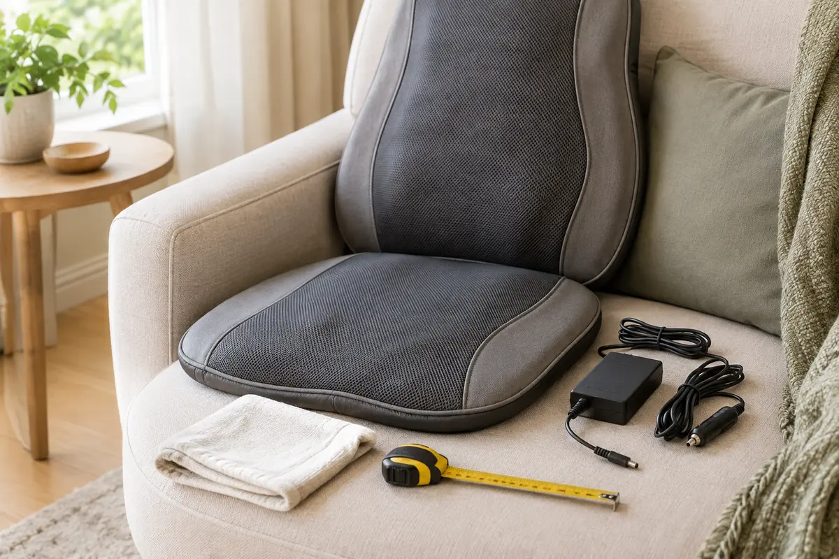 Coussin de massage débranché sur un fauteuil, avec un chiffon sec et un mètre ruban à proximité.