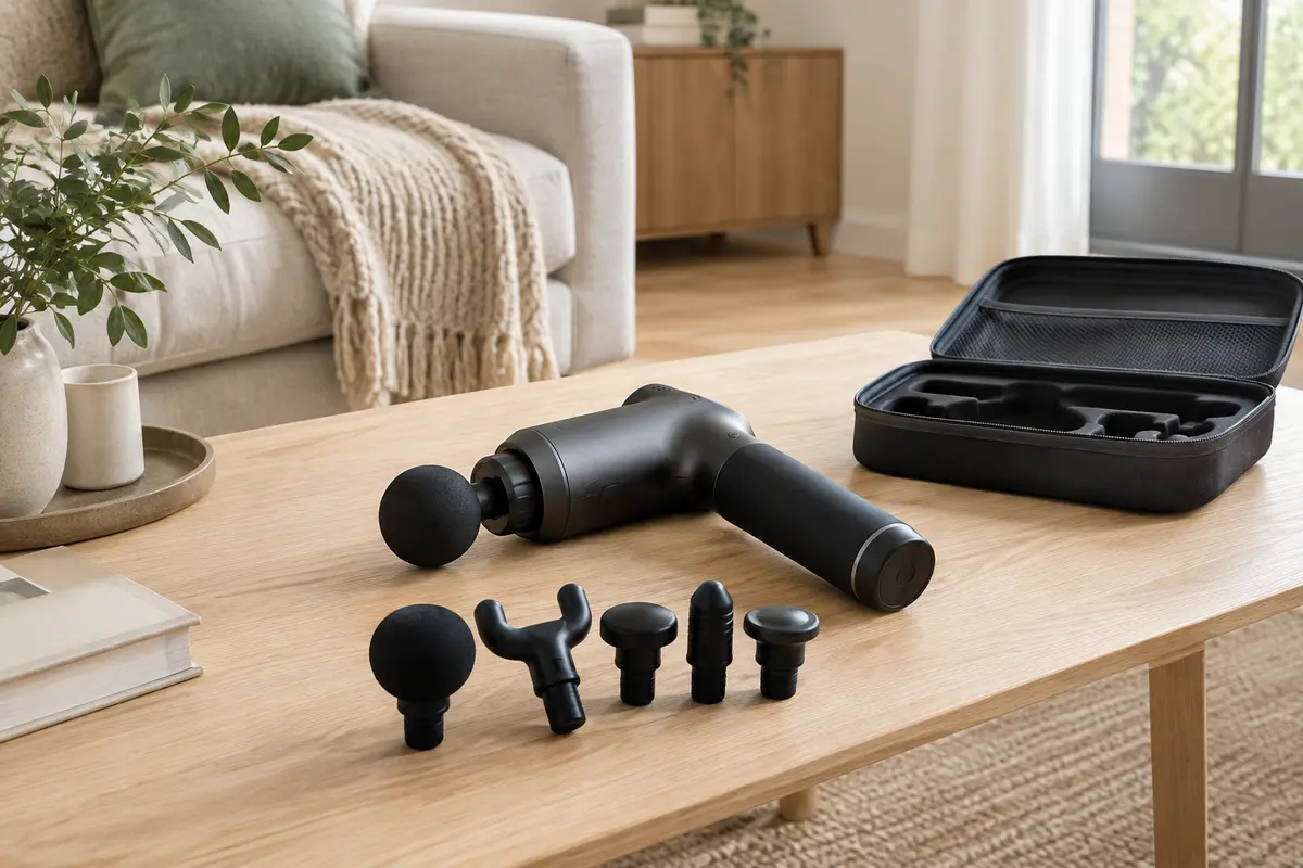 Pistolet de massage et embouts rangés sur une table, présentés dans un intérieur calme