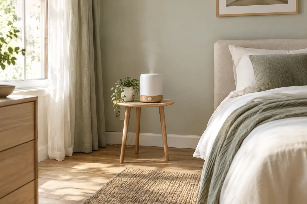 Humidificateur posé sur une table stable, à distance du lit et des rideaux dans une chambre