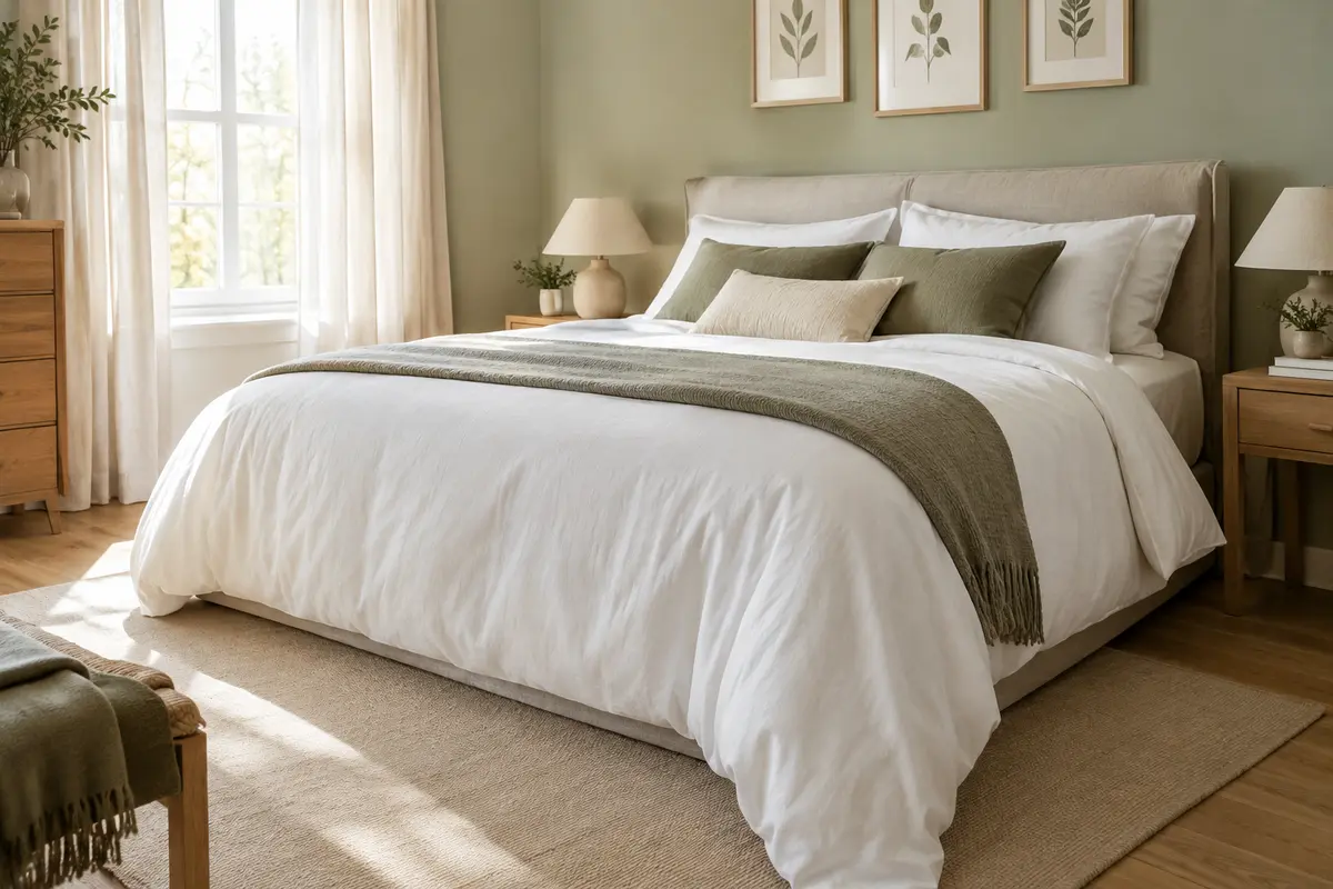 Couette blanche retombant sur les côtés d’un lit double dans une chambre lumineuse