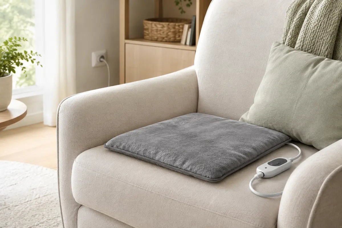 Coussin chauffant posé sur un fauteuil, avec sa commande et une prise électrique à proximité.