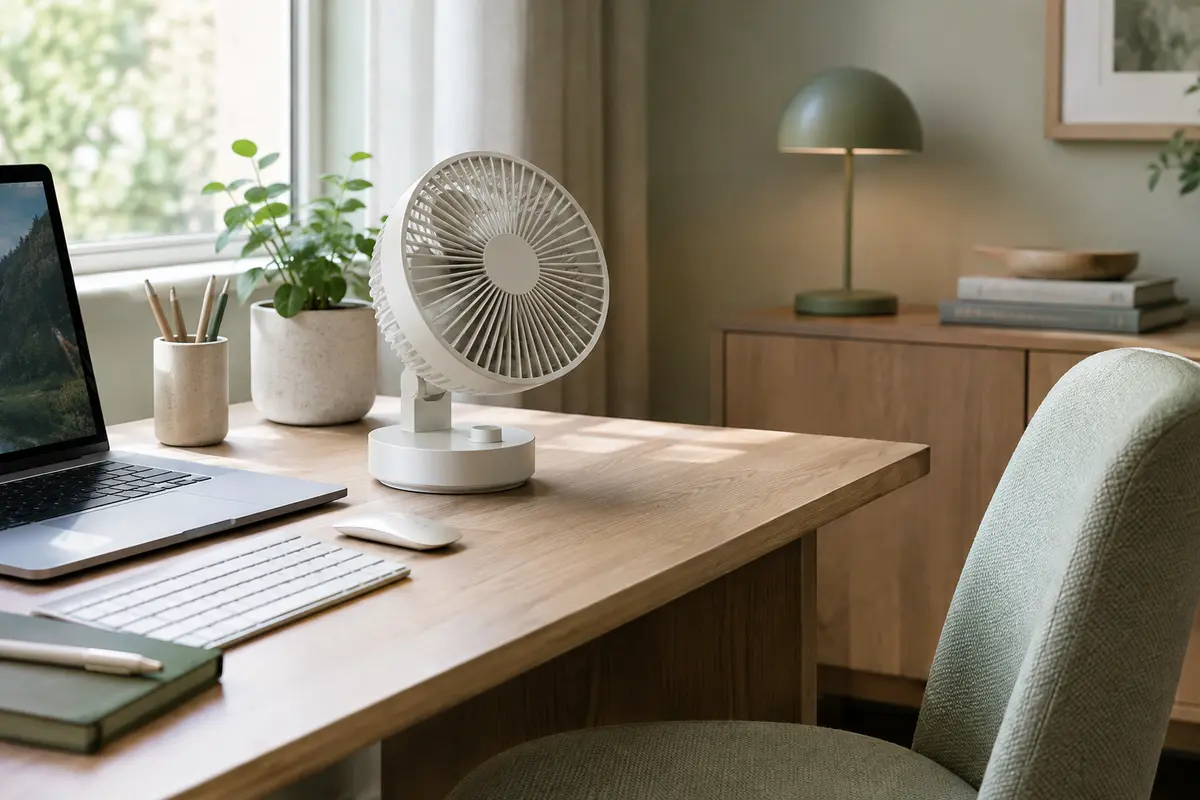 Ventilateur de table orientable posé sur un bureau dégagé, près d’une chaise et d’une fenêtre