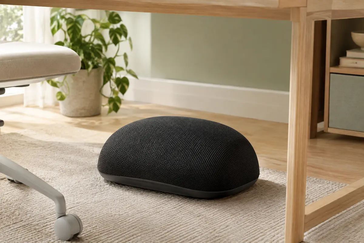 Repose-pieds noir en maille placé sous un bureau en bois clair dans un intérieur lumineux