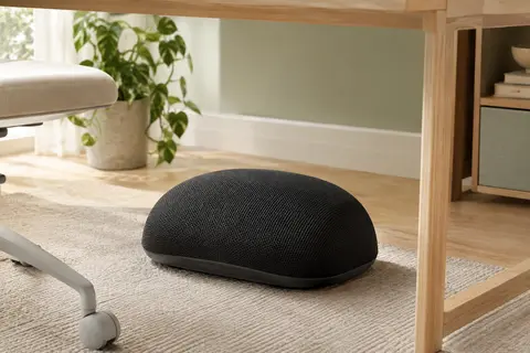 Repose-pieds noir en maille placé sous un bureau en bois clair dans un intérieur lumineux