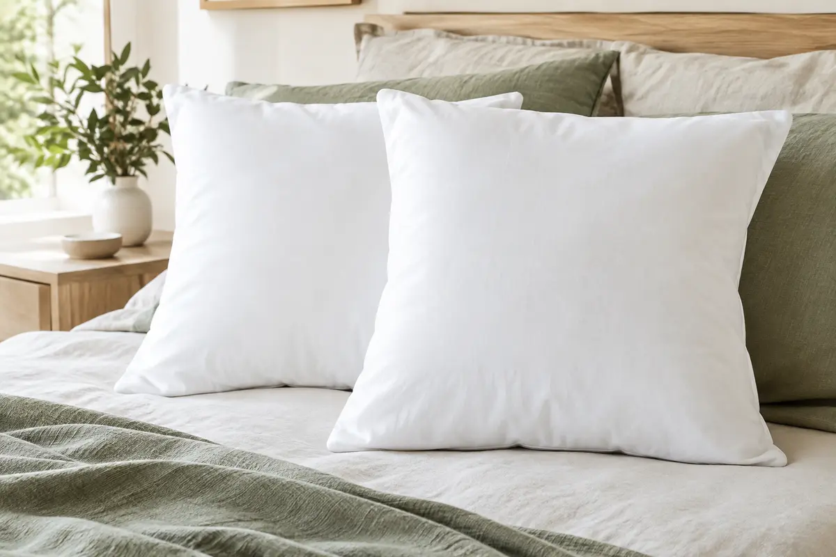 Deux oreillers carrés blancs en coton posés sur un lit clair dans une chambre lumineuse aux tons doux.
