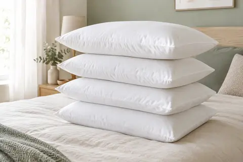 Lot de quatre oreillers blancs rectangulaires de 50 x 75 cm sur un lit clair