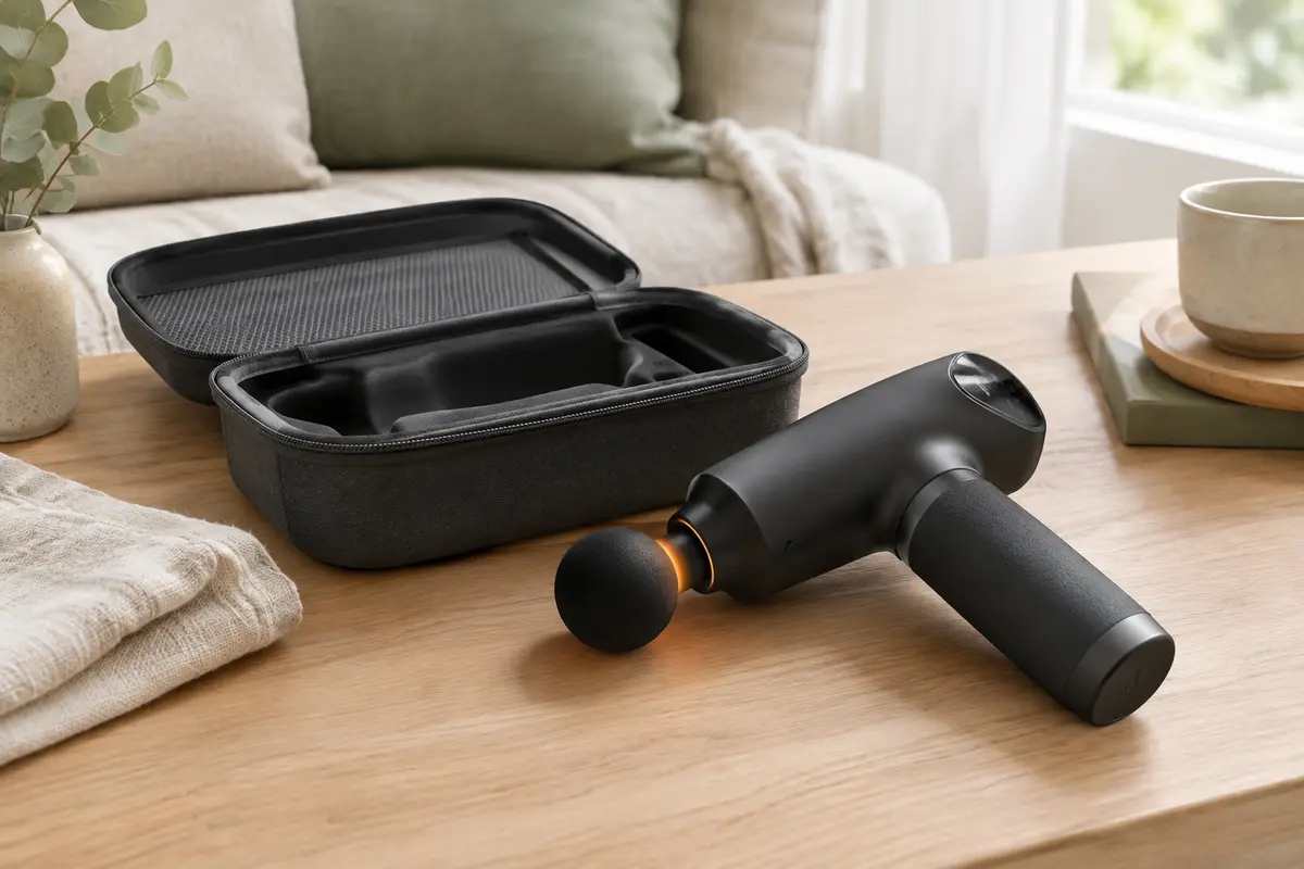 Pistolet de massage noir AERLANG avec écran LCD et fonction chauffante, posé dans un intérieur lumineux