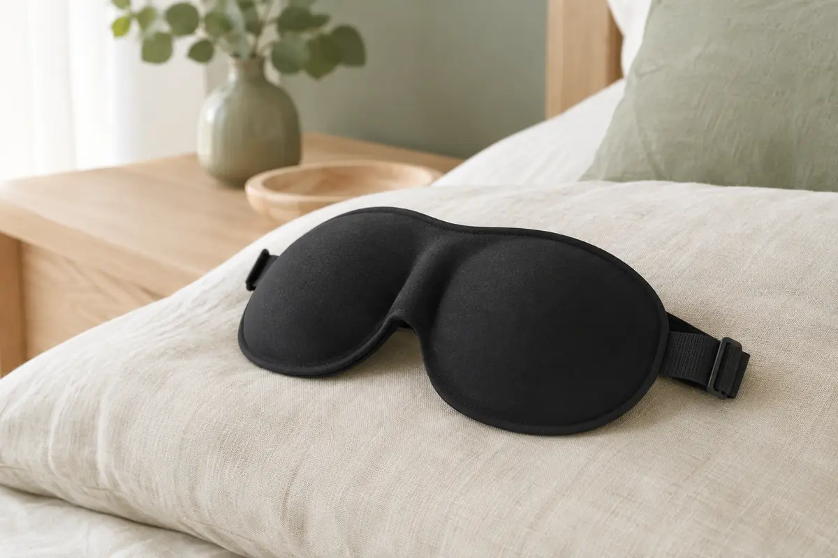 Masque de sommeil noir à contour 3D posé sur un coussin en lin dans une chambre lumineuse.