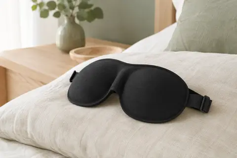 Masque de sommeil noir à contour 3D posé sur un coussin en lin dans une chambre lumineuse.