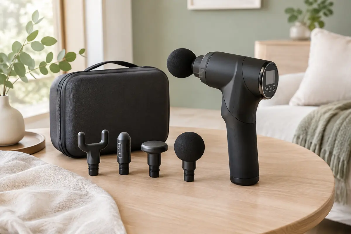 Pistolet de massage noir ALDOM avec écran LCD et têtes interchangeables posé dans un intérieur lumineux