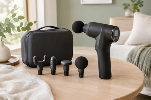Pistolet de massage noir ALDOM avec écran LCD et têtes interchangeables posé dans un intérieur lumineux