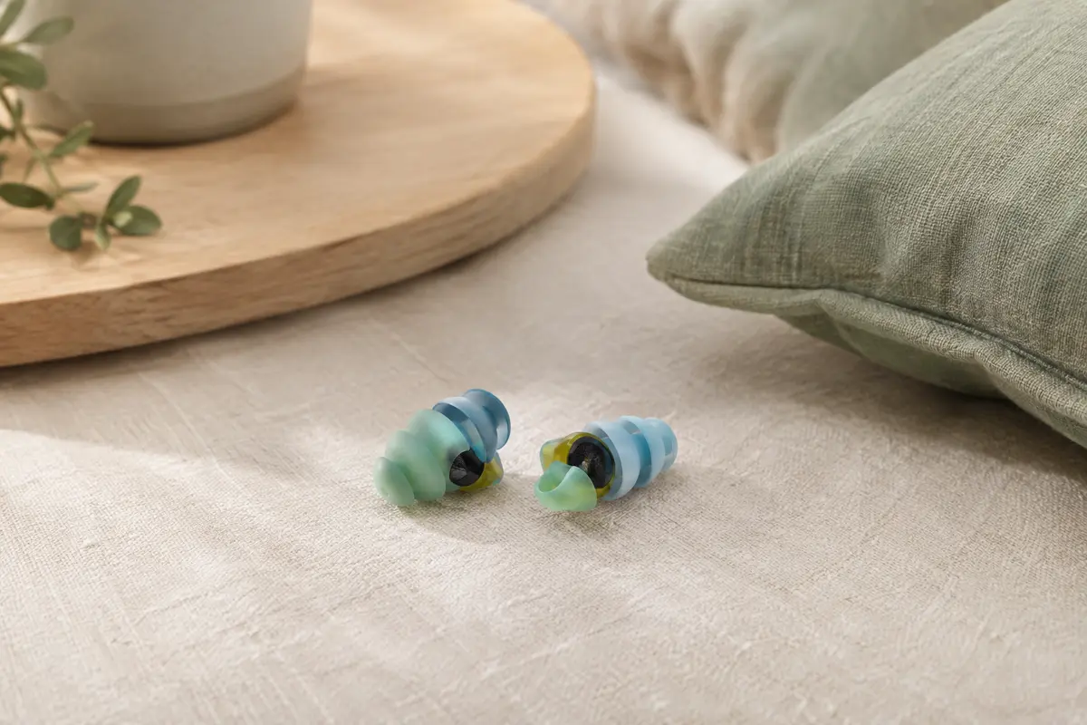 Paire de bouchons d’oreilles Alpine FlyFit multicolores posée sur du lin ivoire dans un intérieur lumineux