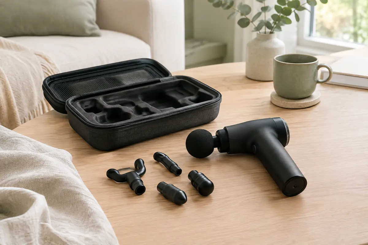 Pistolet de massage noir avec embouts et étui posé sur une table en bois clair