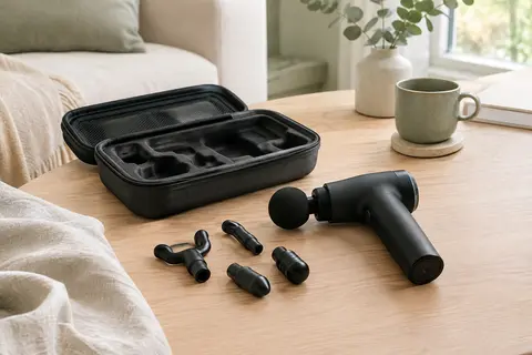 Pistolet de massage noir avec embouts et étui posé sur une table en bois clair