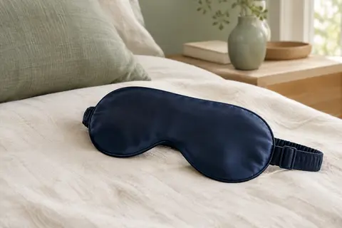 Masque de sommeil en soie bleu nuit avec sangle élastique réglable, posé sur un linge ivoire.